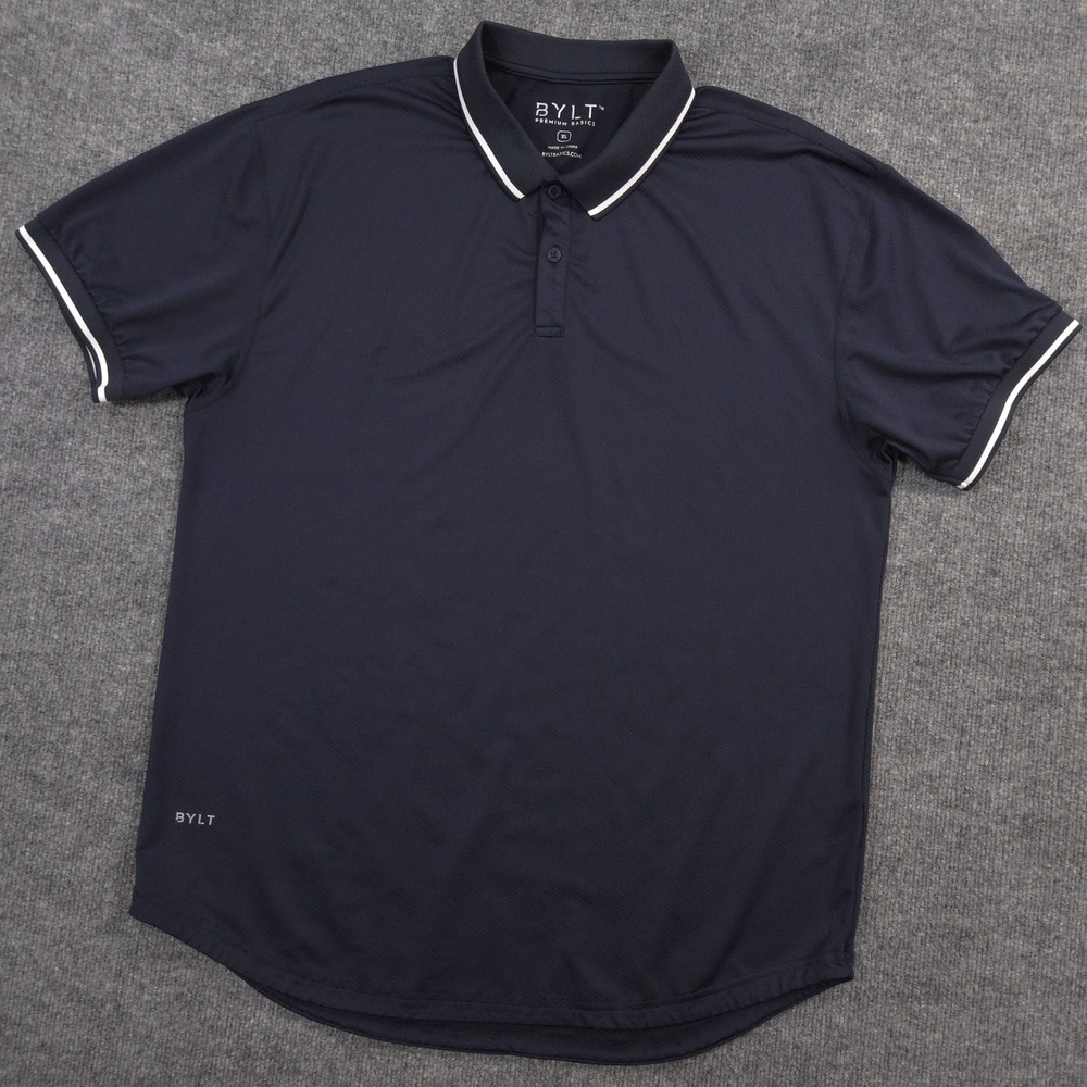 BYLT Drop Cut Polo Shirt Mens XL Navy White Tipped Performance Golf Athletic